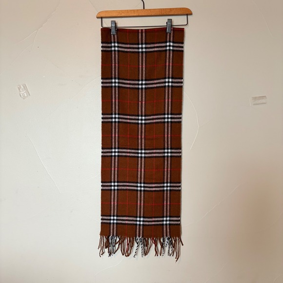 Men's 100% Cashmere Scarf Plaid Made in Scotland Brown Red White Black 68" x 12" - Picture 2 of 6
